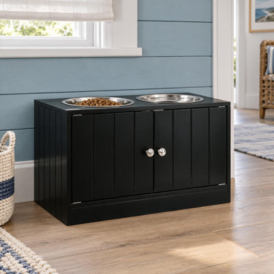 Meuble d'alimentation pour animaux de compagnie de style ferme moderne, à double bol et rangement dissimulé, idéal pour les cuisines, les salles à manger et les coins intérieurs réservés aux animaux.