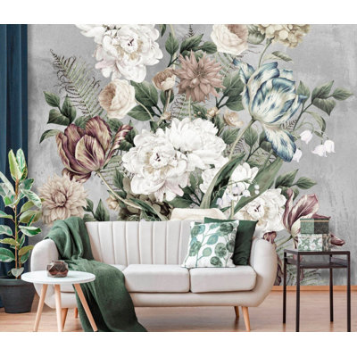 Gray Vintage Peony Bouquet Wall Mural | Large Cream and Mauve Floral Wallpaper | Non-Woven or Peel and Stick