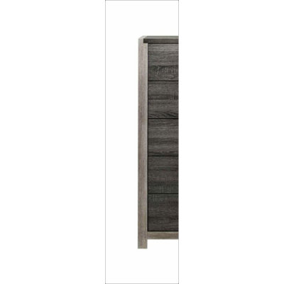 Commode à finition grise Jehoram avec cinq tiroirs spacieux, parfaite pour un décor moderne et minimaliste, une solution de rangement durable et élégante.