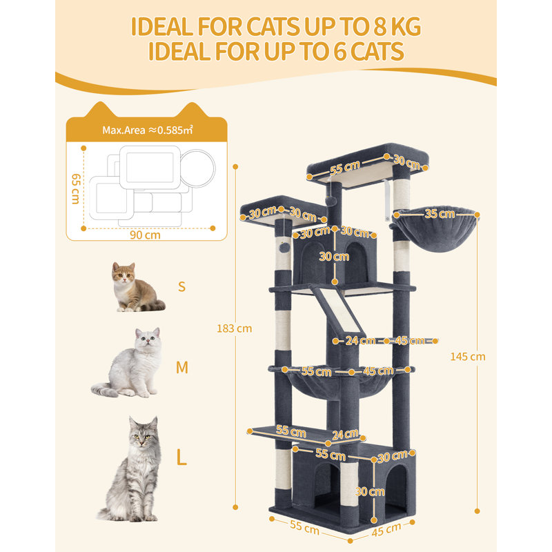 Large Cat Tree, 183 cm Tall Cat Tower for Indoor Cats Large Cats, Corner Climbing Tower with 6 Sisal Scratching Posts, 2 Large Platforms, 2 Caves, Hammocks, Stairs
