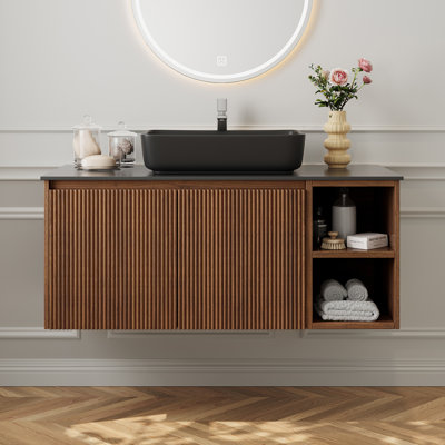 Meuble-lavabo flottant 36 po avec lavabo rectangulaire 36 po, armoire de rangement murale avec 1 armoire et 2 compartiments ouverts, plateau de table en faux marbre noir
