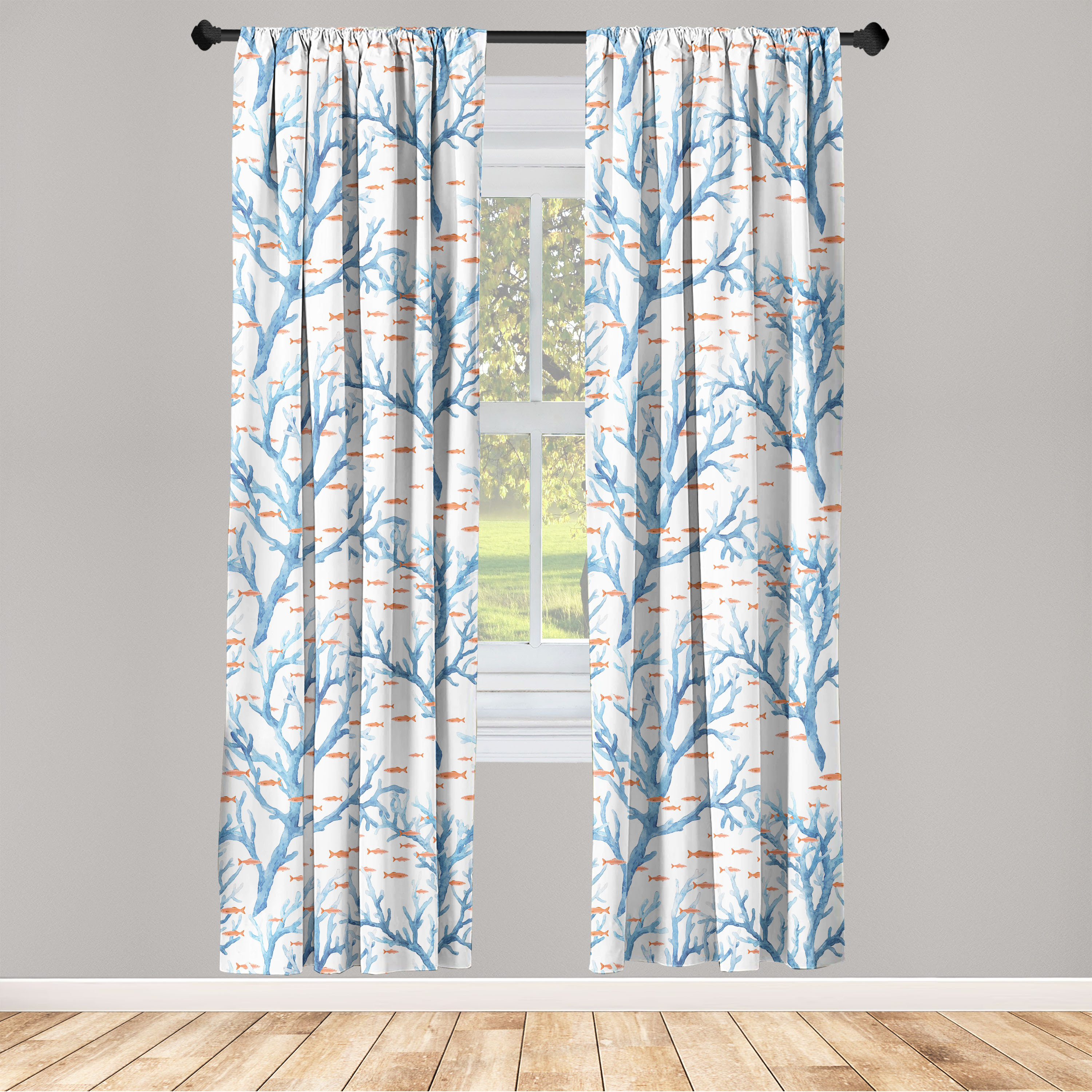 East Urban Home Nautical Curtains Minimalist Fishes Corals Pair of Dark ... - Minimalist Diving Curtains For Compact Spaces