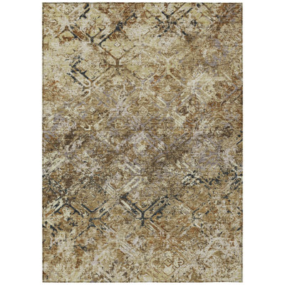 3' X 5' Beige Brown And Copper Geometric Washable Indoor Outdoor Area Rug