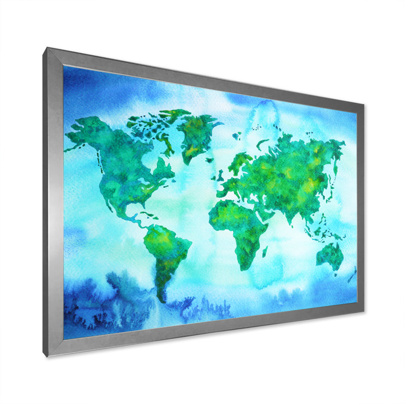 «World Map Blue Green Tone», reproduction sur toile, H 24 po x l 36 po x P 1 po, Cadre de coin argenté fermé