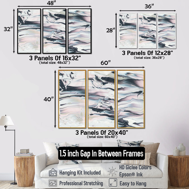 Gris Marble V - ensemble d'art moderne sur toile encadrée moderne et contemporain de 3, H 40 po x l 60 po, Brun