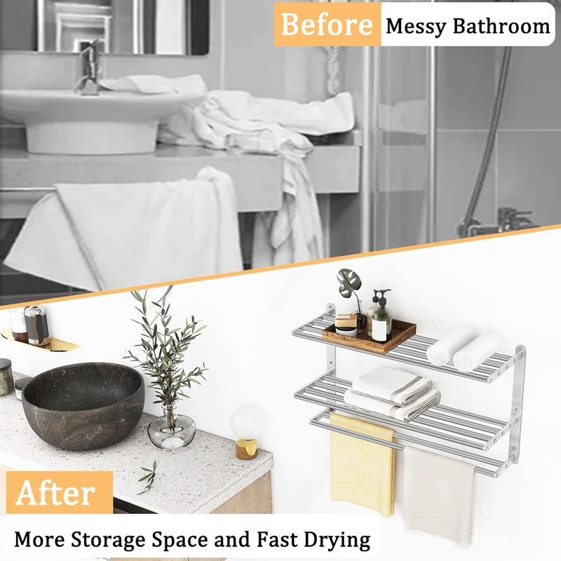 Porte-serviettes mural à 3 niveaux avec tablettes - Porte-serviettes en acier inoxydable nickel brossé pour serviettes de bain et linge de maison