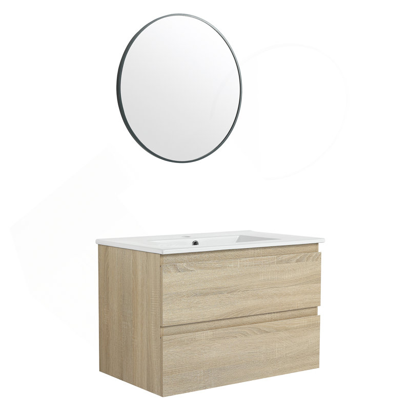 Meuble-lavabo mural avec lavabo en céramique, 2 tiroirs à fermeture en douceur, Chêne clair, 30"