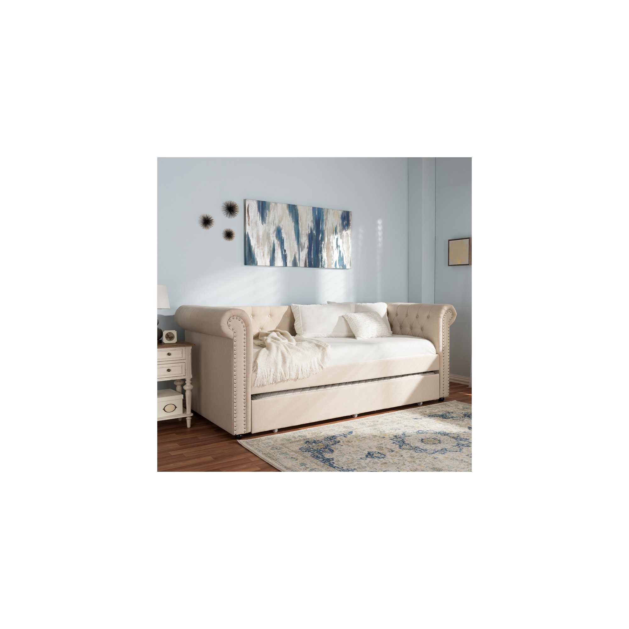 Mynard Upholstered Daybed with Trundle - Twin, Beige