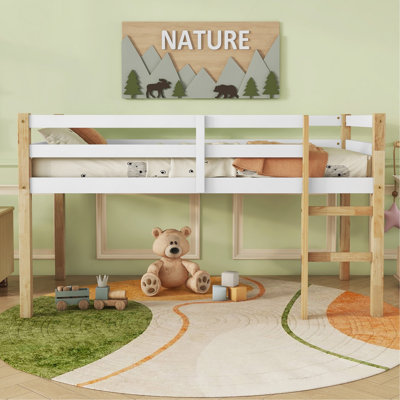 Lit mezzanine simple en bois massif et en bois d'hévéa avec échelle, plateforme de lattes renforcées