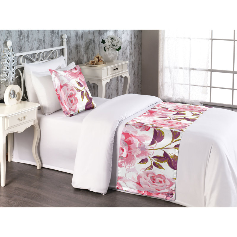 Ensemble de chemin de lit Ambesonne à motif rose Dreamy Peduncle Bloom rose pastel indigo et blanc