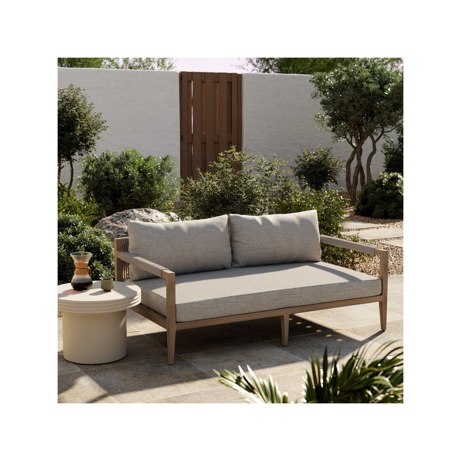 Kristine 63'' Wide Loveseat with Cushions, Washed Brown, Gray Cushion/Brown/Gray Frame