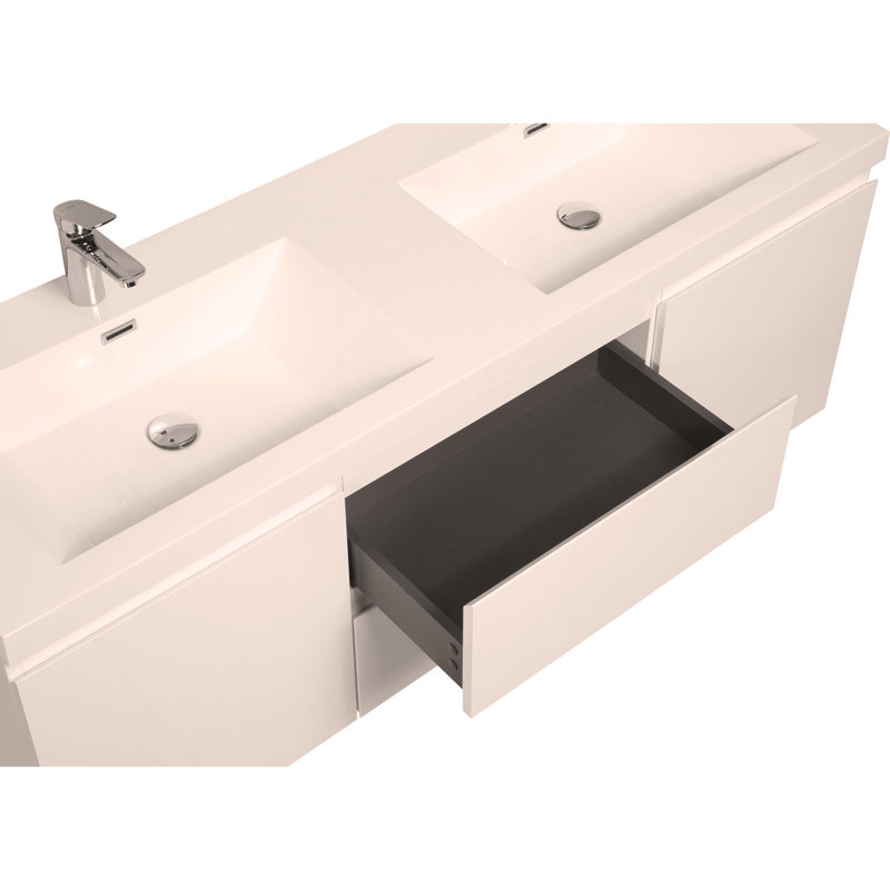 Meuble-lavabo flottant 60 po avec lavabo, meuble-lavabo mural moderne 60 po avec lavabo double en résine et deux tiroirs