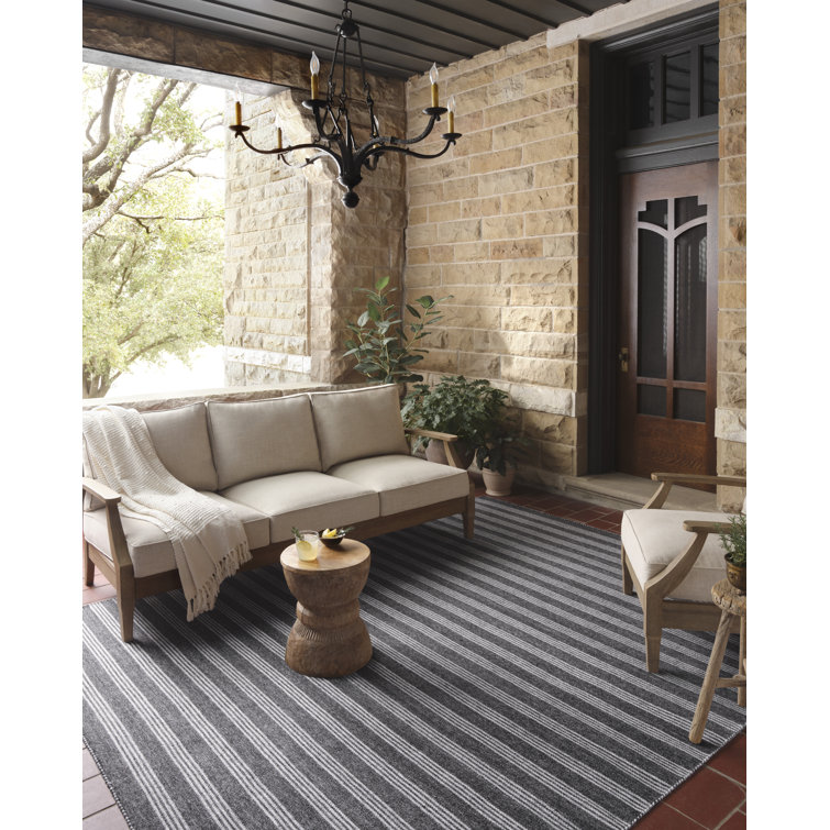 Charlie Striped Hand Loomed Polyester Indoor / Outdoor Area Rug in Black/Gray