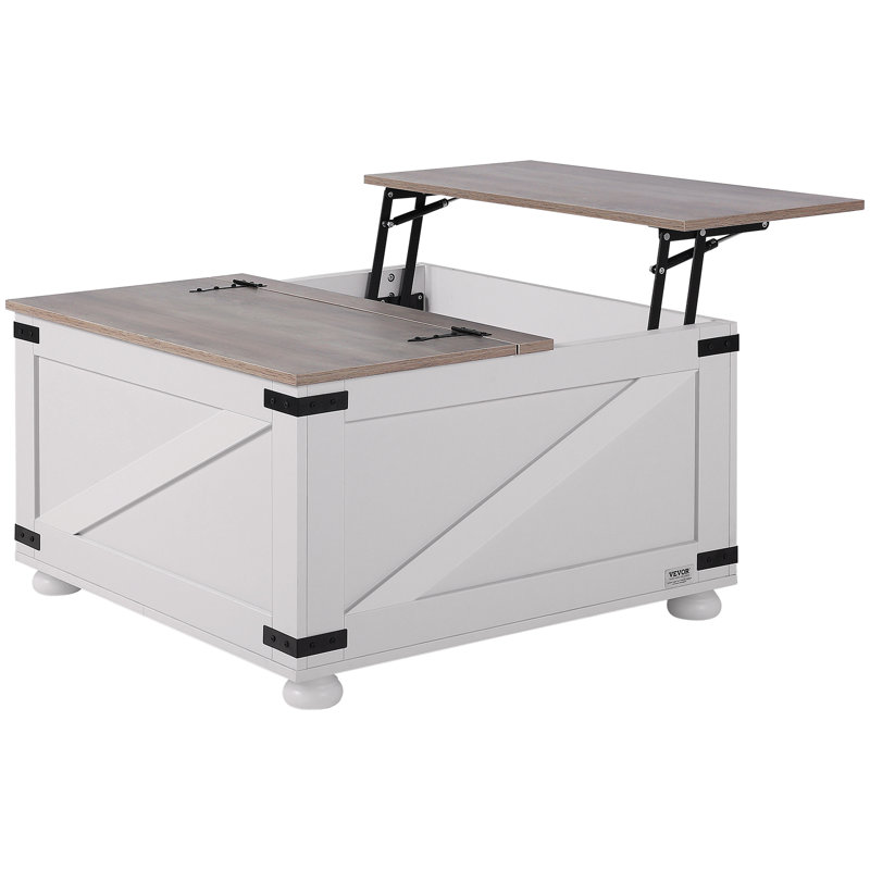 Gray and White Square Wooden Lift-Top Coffee Table with Storage