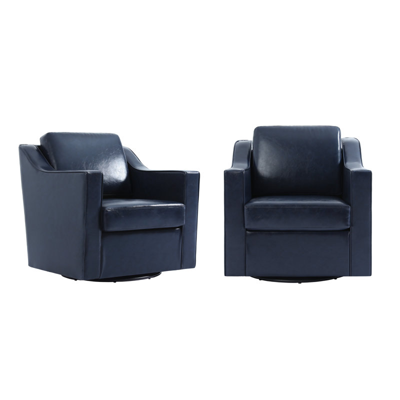 Bronnen Big And Wide Upholstered Navy Faux Leather Cushion Swivel Armchair with Removable Back and Seat Cushion (Set of 2)