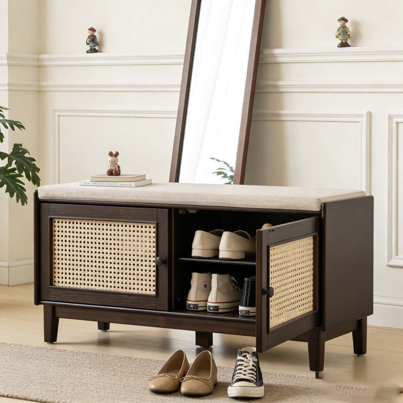 Entryway Bench with Storage, Cushioned Shoe Bench with Double Doors, Beige/Espresso