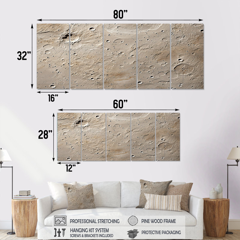 «Abstract Lunar Surface II - Tachisme», art mural 5 pièces, H 28 po x l 60 po