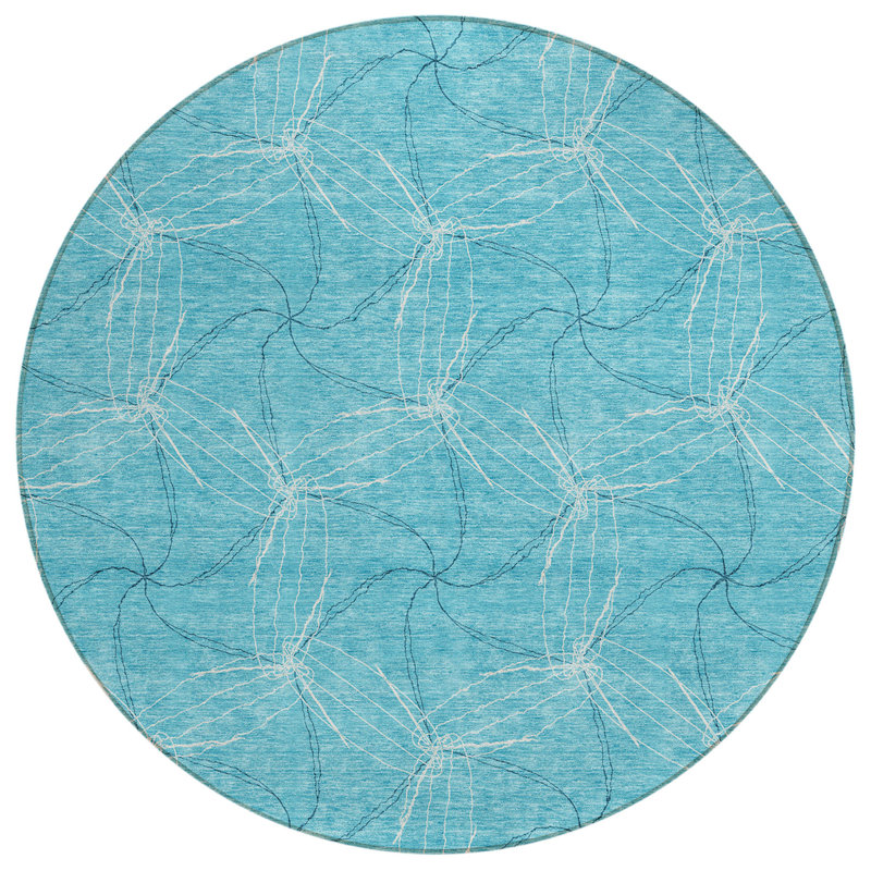Tapis rond lavable intérieur / extérieur 8 pi Aqua and Ivory