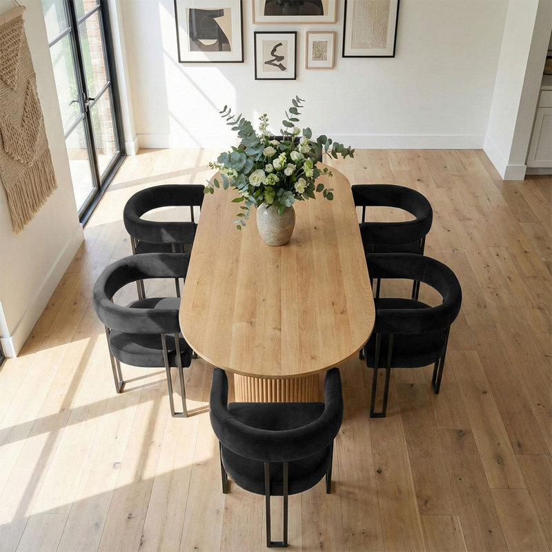 6 - Person Dining Table Sets With Oval Table & 6 Upholstered Velvet Chairs, Black, Oak