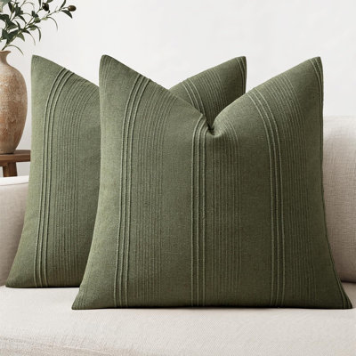 Decorative Striped Throw Pillow Covers 20x20 Inch Olive Green 2 Pack Textured Linen Pillow Covers