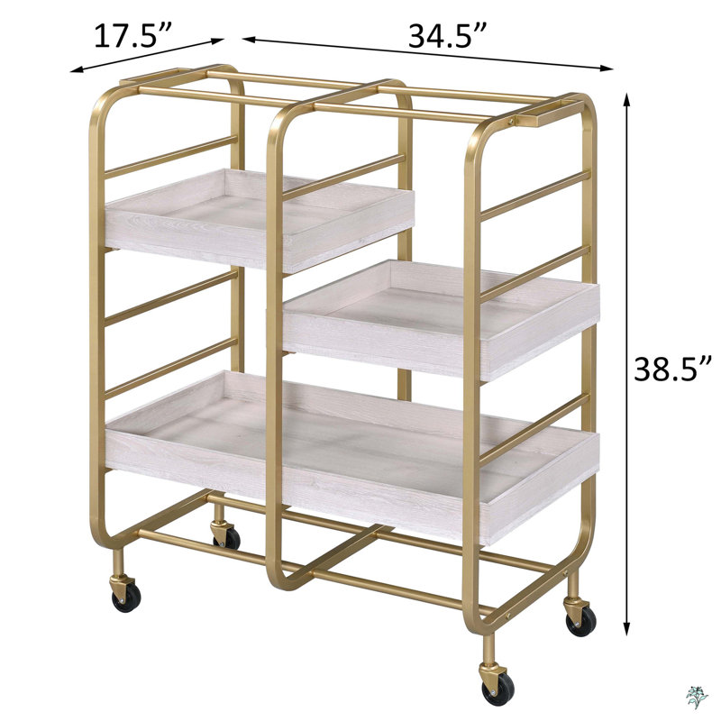 Washed Serving Cart With 3 Adjustable Trays, White/Gold