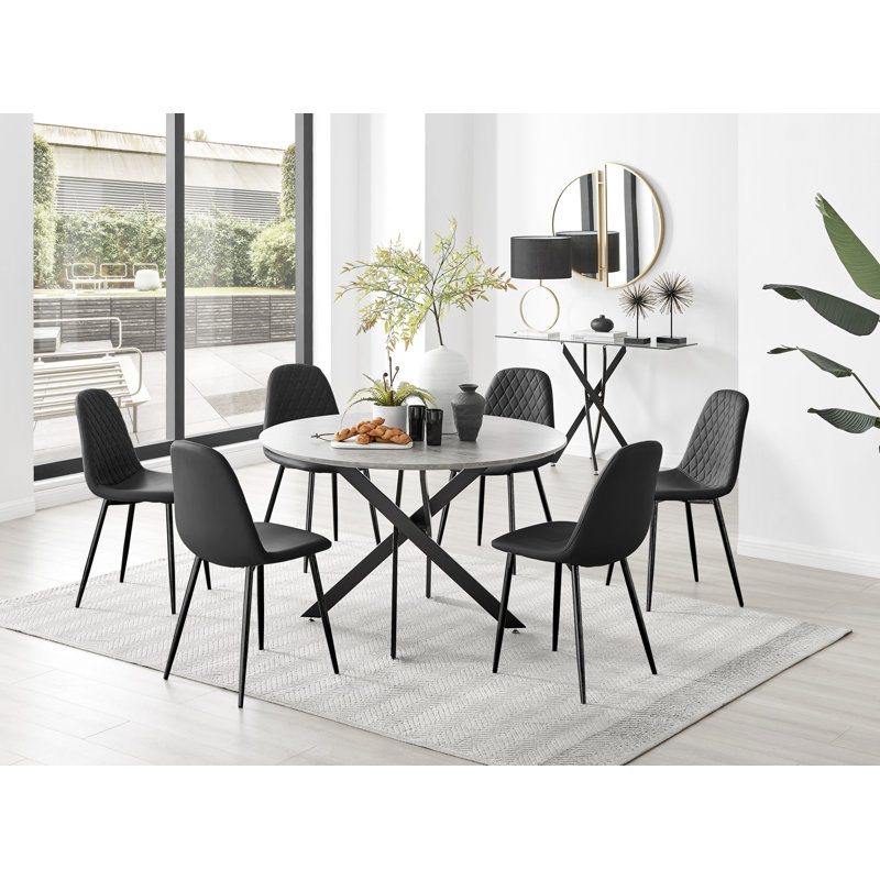 Tierra Modern Chrome Metal & Glass Round Dining Table Set with 6 Luxury Faux Leather Chairs, Black/Black, Black