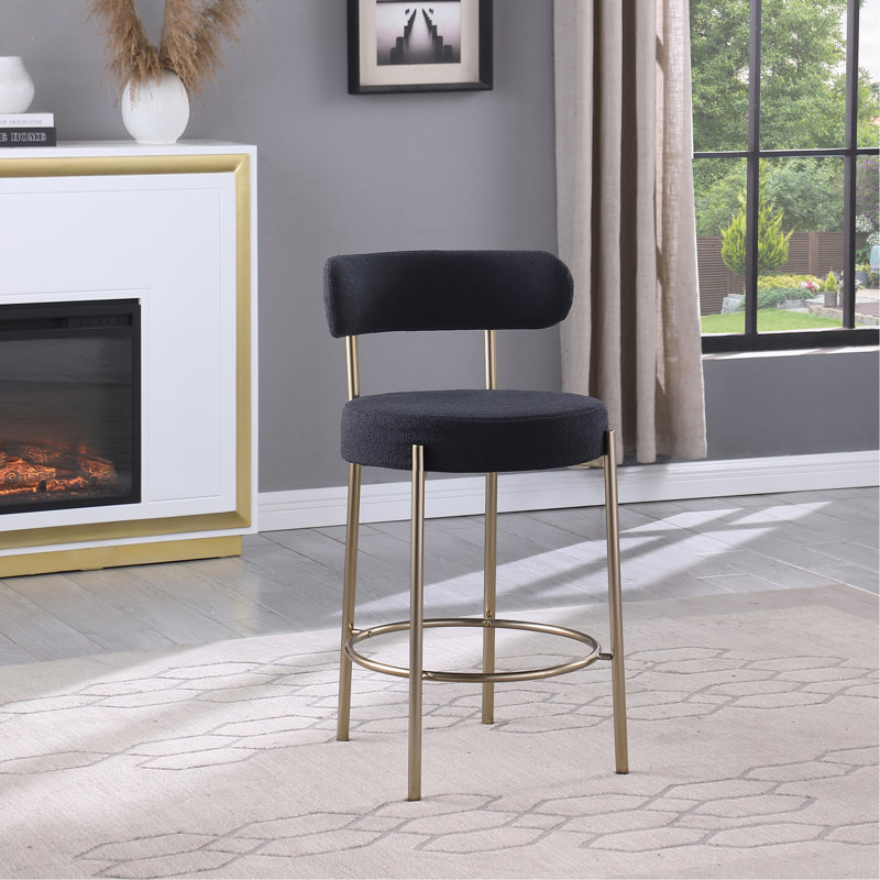 Ensemble de 2 tabourets modernes de hauteur comptoir en sherpa moderne avec hauteur de siège de 26 po avec pieds en laiton brossé et tabourets ronds à dossier bas avec repose-pieds pour salle à manger, noir