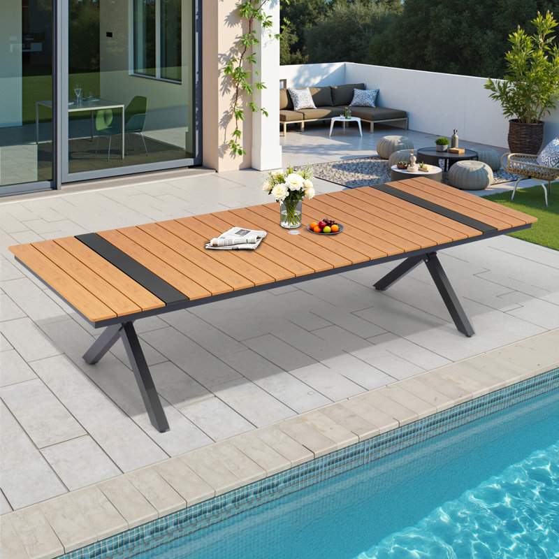8-12 Person Plastic Desktop & Aluminum Frame Rectangular Outdoor Dining Table with Umbrella Hole, Brown