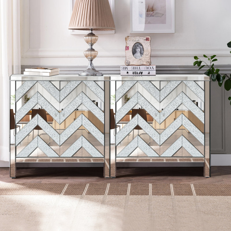 Meuble de rangement en forme de M avec bordure miroir - Gris argenté pour salon, salle à manger, entrée, cuisine et meuble vitré, pour salon, salle à manger