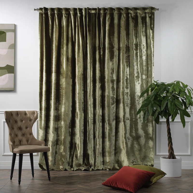 Rideau simple extra long et extra large en velours brillant de luxe, Vert olive, L 52 po x L 216 po