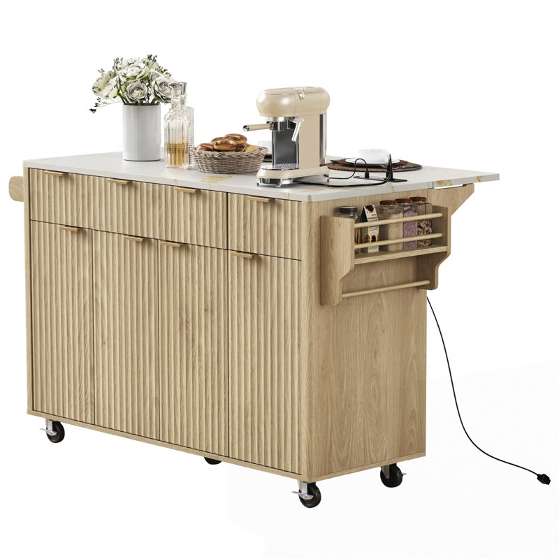 55.5" Fluted Kitchen Island with Storage, Natural