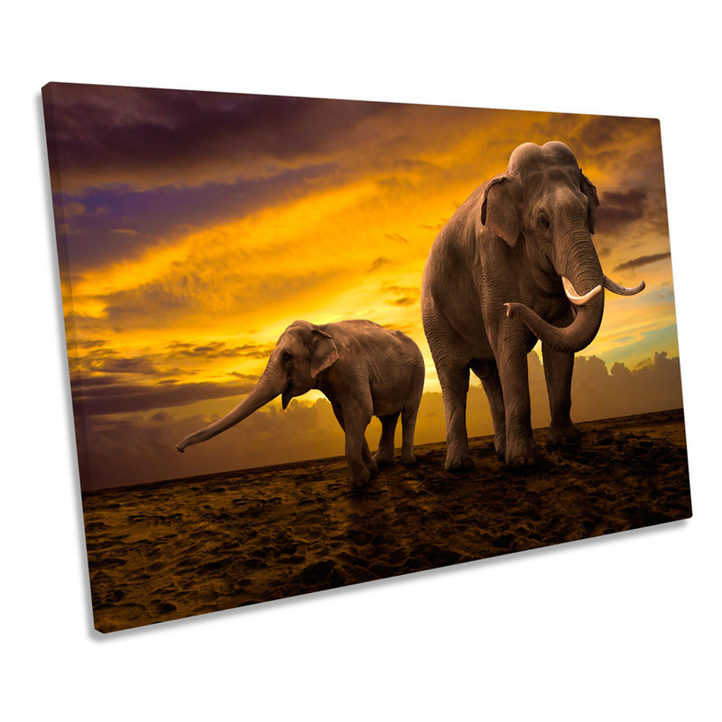 Elephants Sunset Africa Safari - Wrapped Canvas Art Prints, 30.5cm H x 45.7cm W x 2cm D