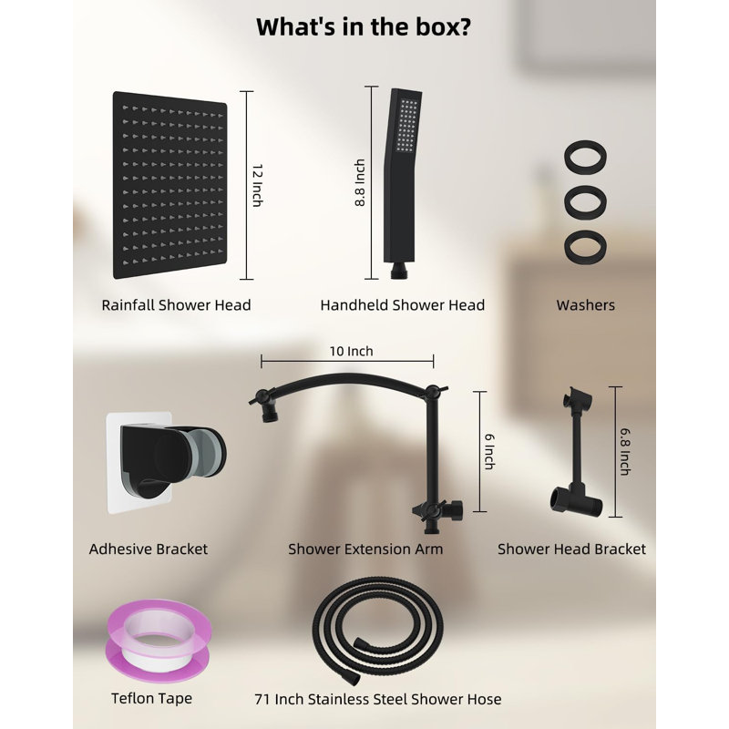 Matte Black 12'' High Pressure Rainfall Shower Head Combo