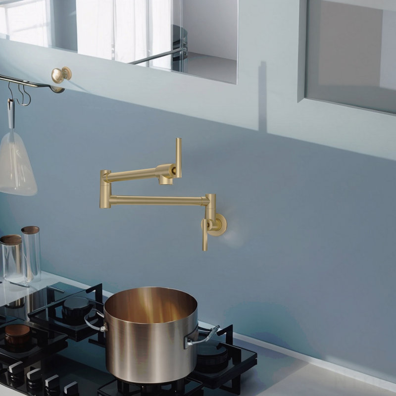 Wall Mount Folding Stretchable Pot Filler Faucet, Single Hole Two Handles, Gold