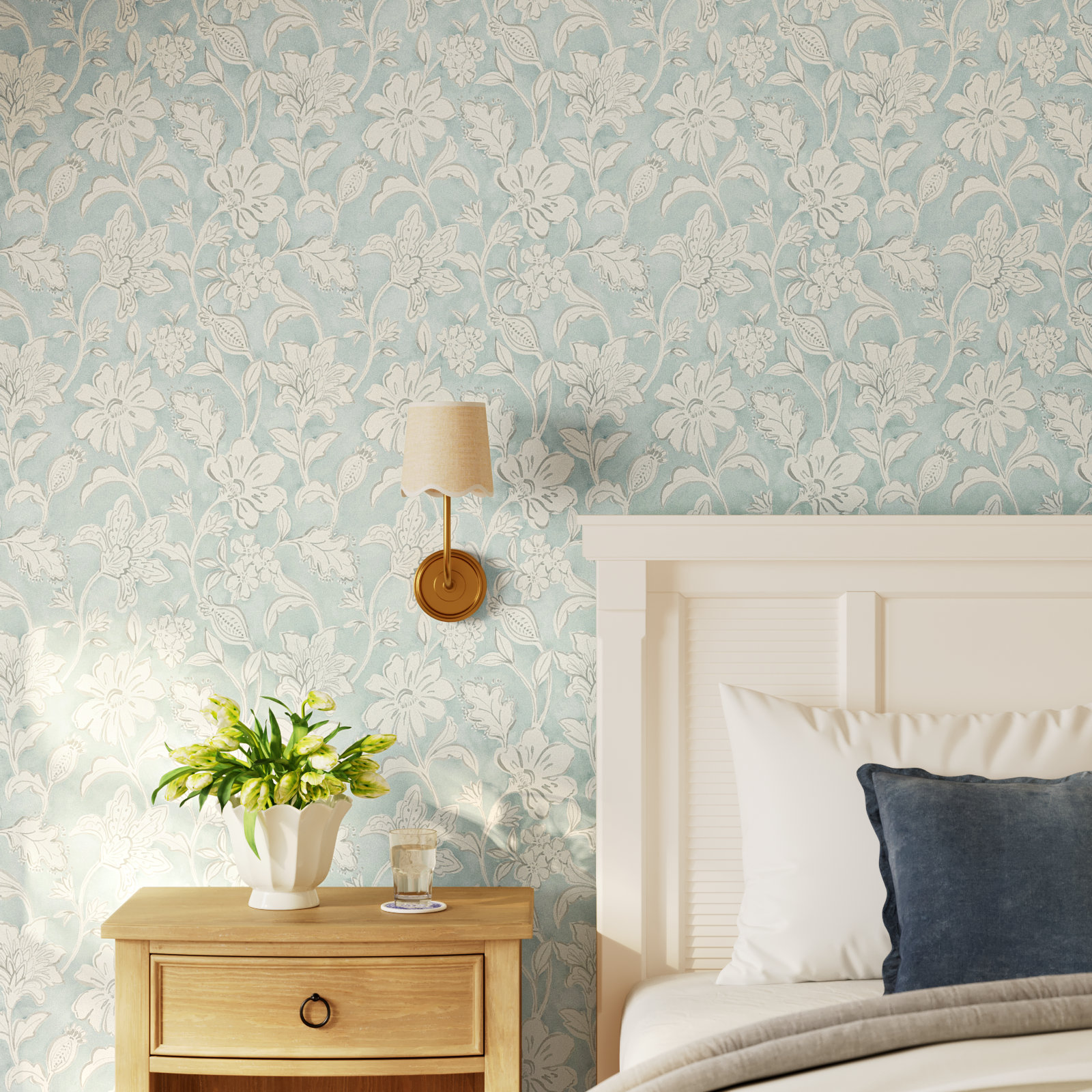 Chelsea Floral Wallpaper, Aqua