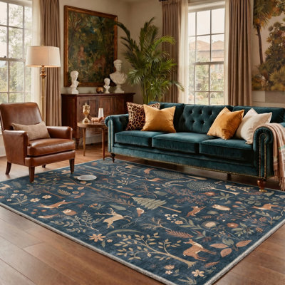 Arcadia Rustic Machine Washable Blue / Brown Indoor Area Rug with Non-Slip Backing