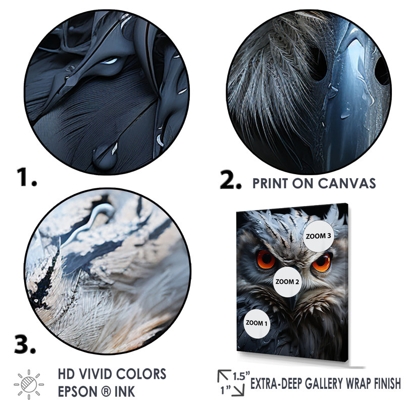 Hiboux aux yeux de la sagesse III sur toile, Cadre flottant noir, H 32 po x l 16 po x P 1 po