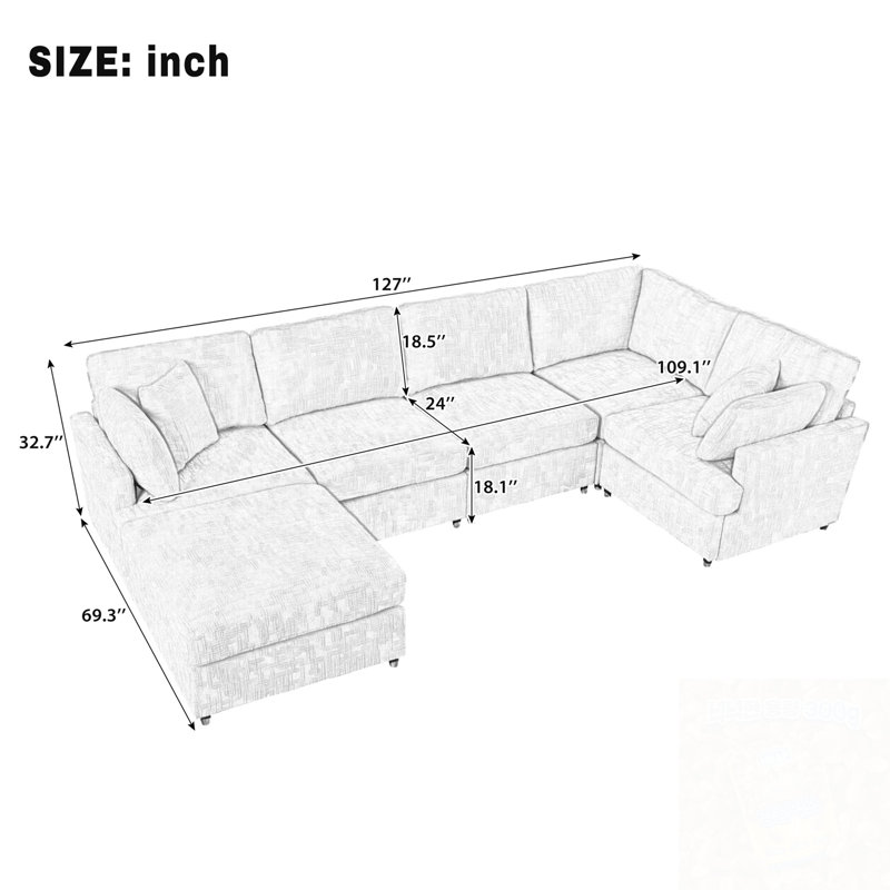 U-Shaped Sectional Sofa With Movable Ottoman, Gray Chenille