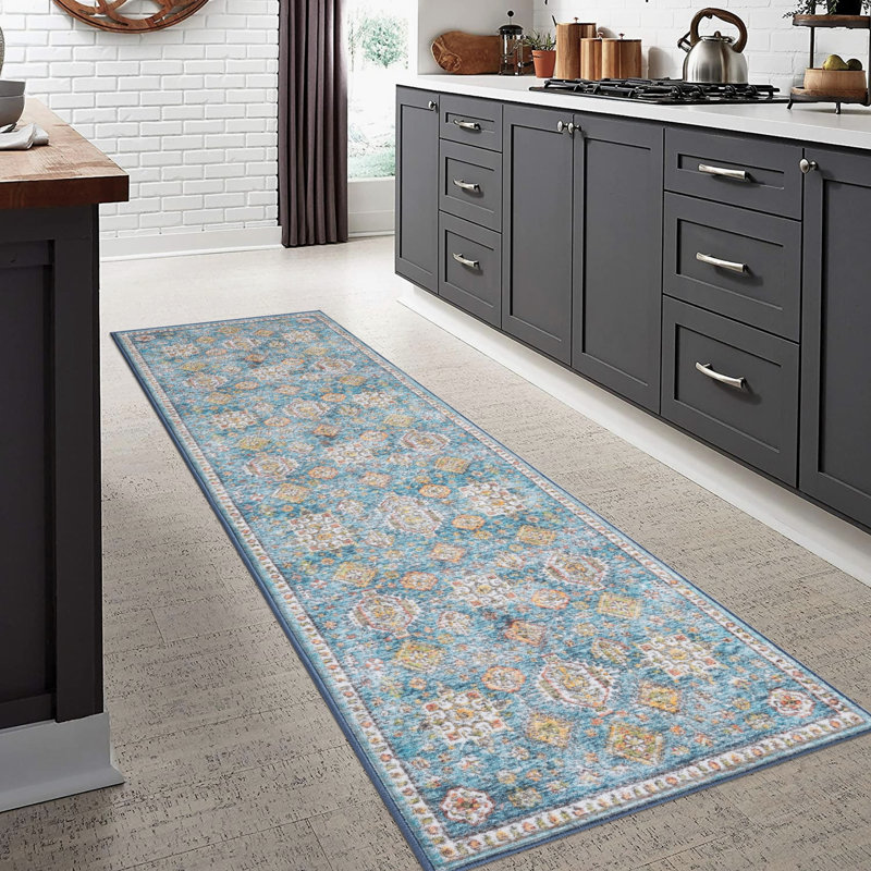 Lyanne Washable Non-Slip Blue Area Rug, Runner 2'2" x 7'