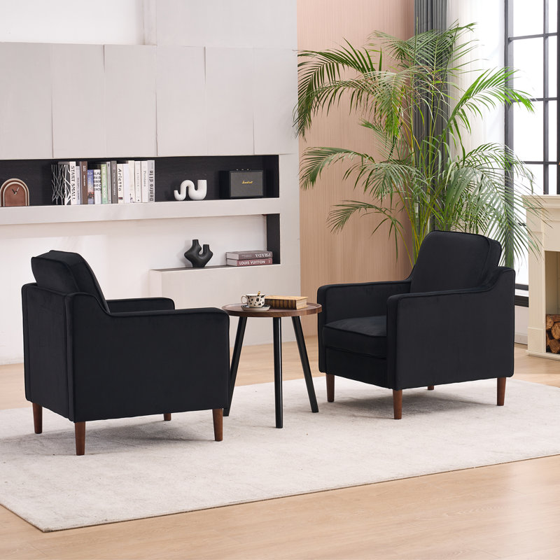 Greydy Irving Upholstered Velvet Accent Armchair With Solid Wood Leg, Black Velvet