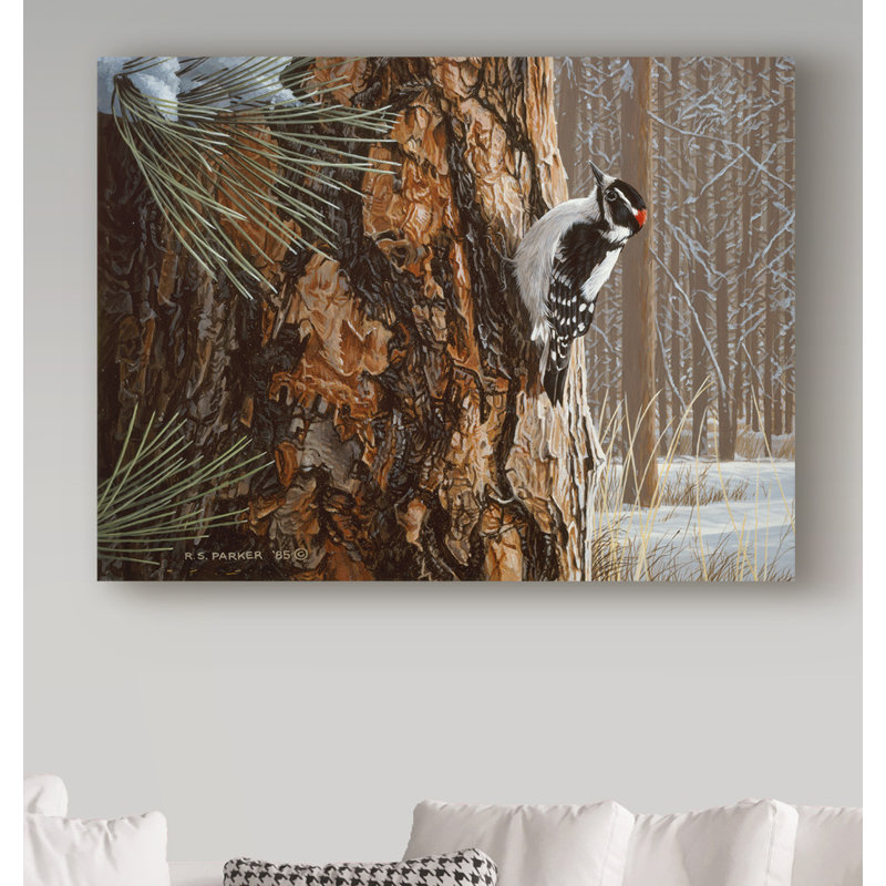 «Winter Pine Downy Woodpecker» par Etelca, impression sur toile tendue, H 35 po x l 47 po x P 2 po