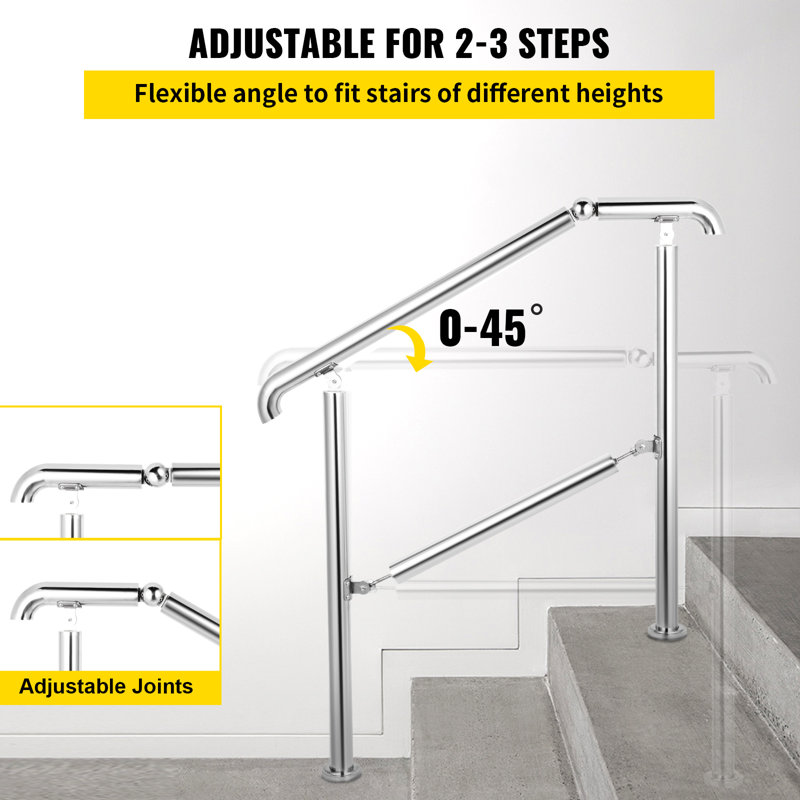 Adjustable Stainless Steel Handrail for 2-3 Steps, Silver Finish