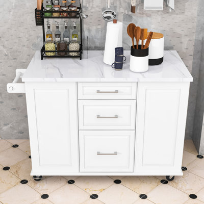 Rolling Kitchen Island with Storage Tilt Trash Can Cabinet, Drop Leaf, Pull Out Cabinet and Drawers
