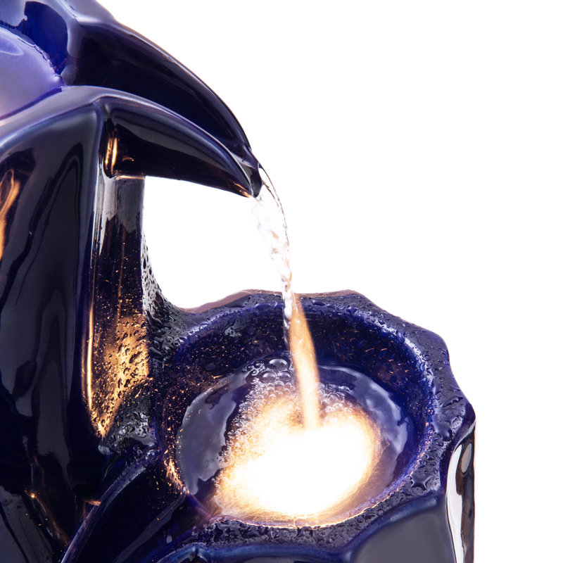 29.5"H 4-Tiered Cobalt Blue Wavy Texture Outdoor Ceramic Fountain With Pump And LED Light (KD), Cobalt Blue