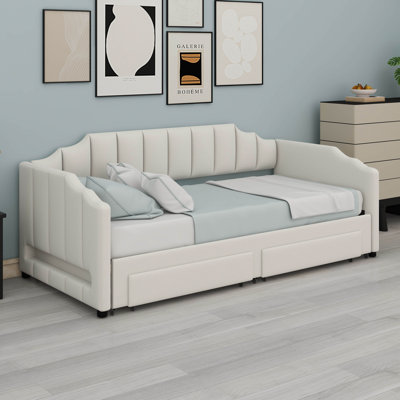 Lit de jour simple rembourré de taille XL avec 2 tiroirs de rangement et lumière DEL, lit extensible en bois massif avec dossier ergonomique, lit de jour simple TG à très grand lit