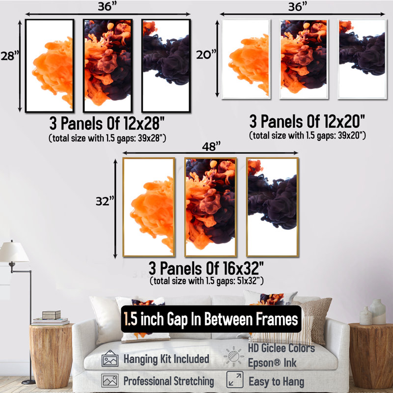 Orange et noir, encre dansante, nuages - ensemble d'art moderne sur toile encadrée moderne de 3, Noir, noir, noir, noir