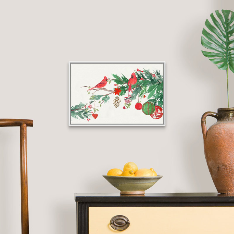 Oiseaux de Noël I - reproduction d'art sur toile, H 14 po x l 20 po x P 1,75 po, Cadre blanc