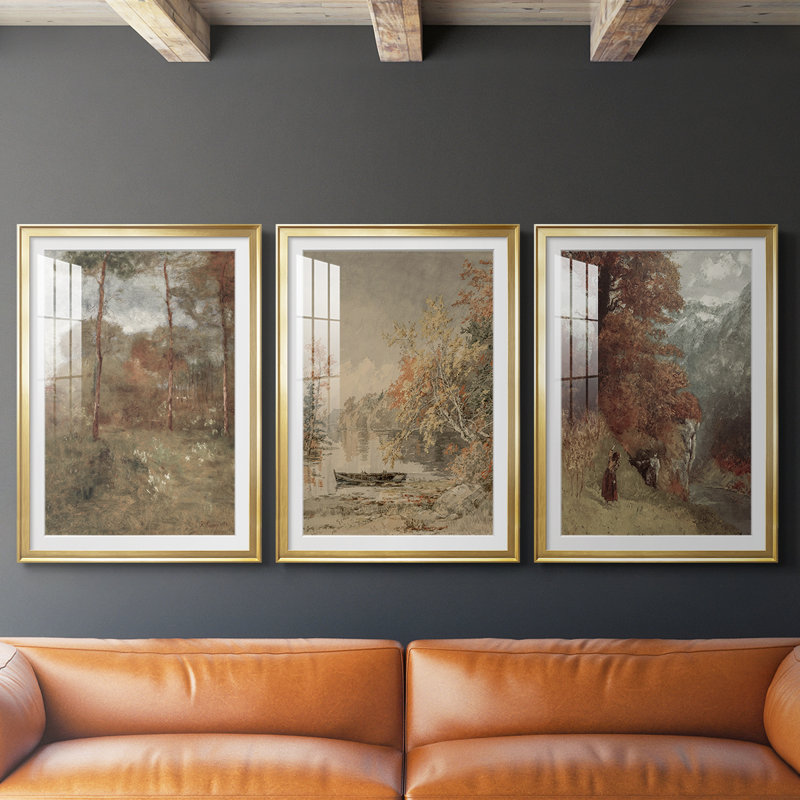 Paysage rétro CLXV - impression encadrée de qualité supérieure sur mesure mat - 3 pièces, H 15 po x l 19 po, Doré