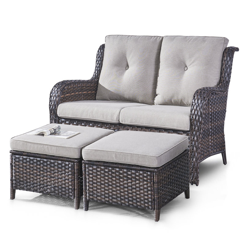 Bonia 52.7" Wide Outdoor Loveseat with 2 Ottomans and Cushions, Gray, Brown