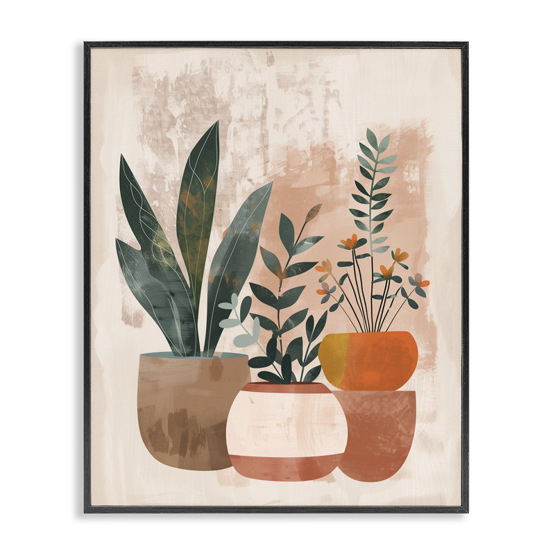 «Earthy Boho Pots Plants», estampe numérique, design par LSR Creative Studio, Giclée encadrée noir minuit, H 14 po x l 11 po